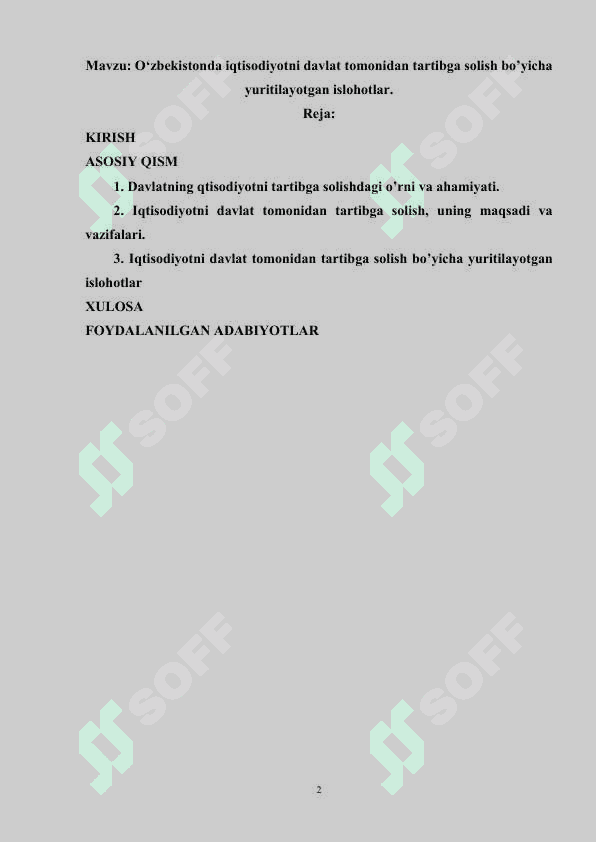 O‘zbekistonda iqtisodiyotni davlat tomonidan tartibga solish bo’yicha yuritilayotgan islohotlar. 2