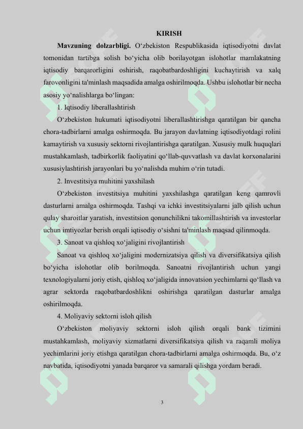 O‘zbekistonda iqtisodiyotni davlat tomonidan tartibga solish bo’yicha yuritilayotgan islohotlar. 3