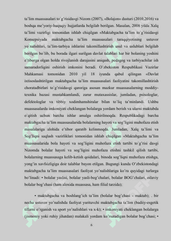 O‘ZBEKISTONDA IJTIMOIY MAKTABGACHA TA'LIMNI VUJUDGA KELISHI VA TARAQQIYOT BOSQICHLARI 6