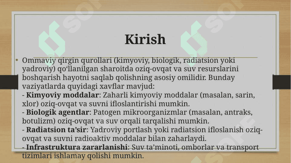 Ommaviy qirgin qurollari qo‘llanilgan sharoitda ovqat mahsulotlarini saqlash, tashish, issiq ovqatlarni tayyorlash va iste’mol qilishga bo‘lgan gigiyenik talablar. Ochiq suv manbalarini sanitariya tavsiflash xaritasini tuzish. 2