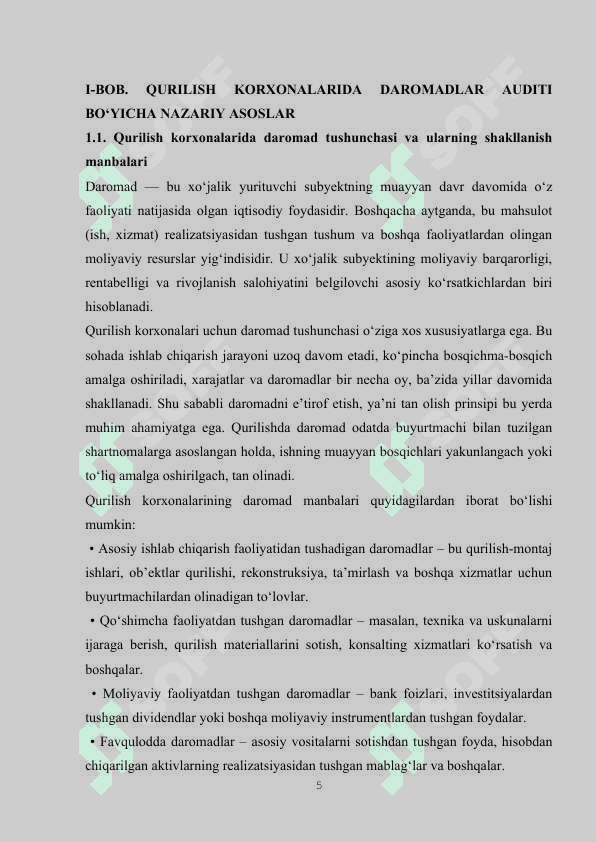 QURILISH KORXONALARIDA DAROMADLAR AUDITI  ( QURILISH KORXONALARI MISOLIDA) 5