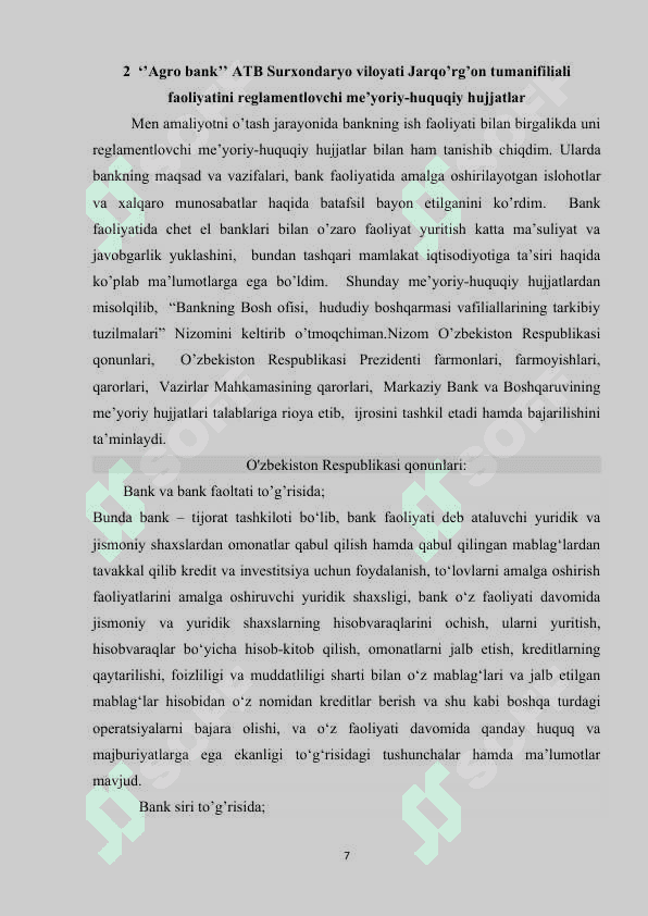 Agro bank amaliyot hisoboti Jarqo’rg’on tumani 7