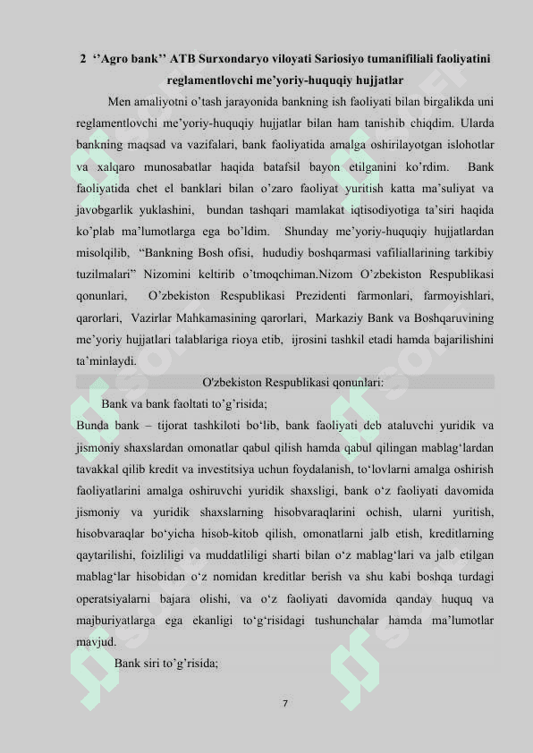 Agro bank amaliyot hisoboti  Sariosiyo  tumani 7