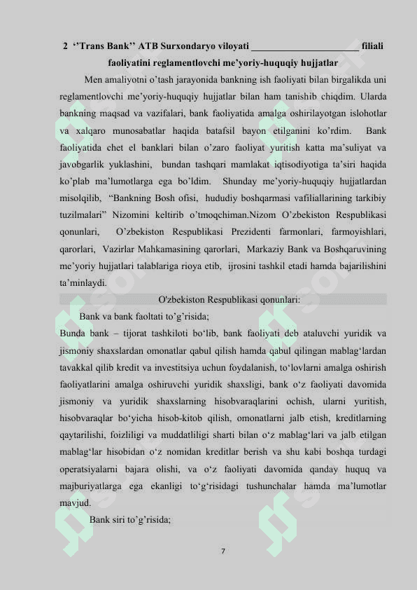 Trans bank amaliyot hisoboti surxondaryo viloyati hamma  tumanlari uchun 7
