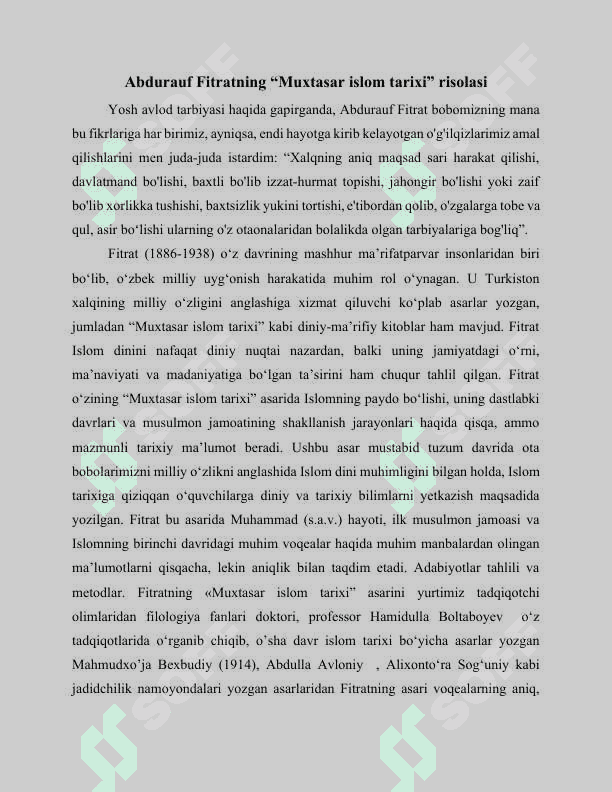 Abdurauf Fitratning “Muxtasar islom tarixi” risolasi 2