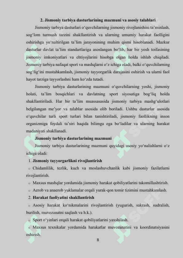 Jismoniy tarbiya bo’yicha davlat ta’lim standartlari va o’quv soatlarini rejalashtirish. 8