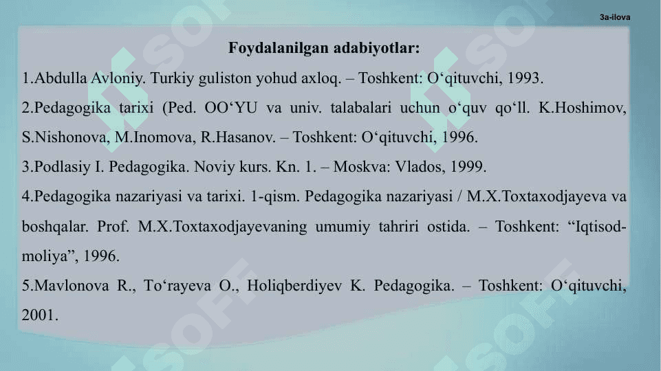 Tarbiya jarayonining mohiyati va mazmuni. Tarbiya qonuniyatlari va tamoyillari. Tarbiyaning umumiy metodlari. Jamoa tarbiya obyekti va subyekti sifatida. Tarbiya turlari.. 3