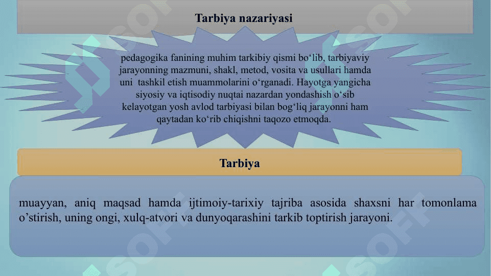 Tarbiya jarayonining mohiyati va mazmuni. Tarbiya qonuniyatlari va tamoyillari. Tarbiyaning umumiy metodlari. Jamoa tarbiya obyekti va subyekti sifatida. Tarbiya turlari.. 4