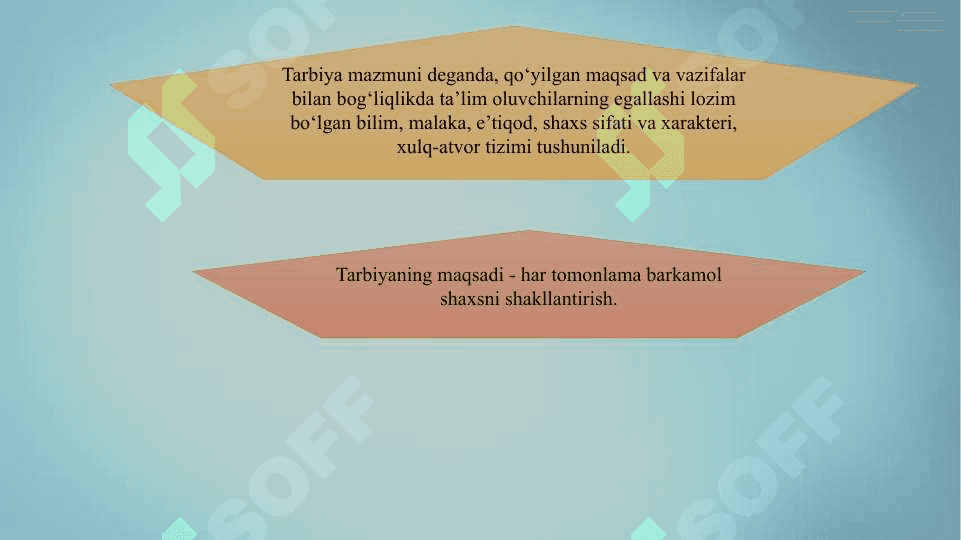 Tarbiya jarayonining mohiyati va mazmuni. Tarbiya qonuniyatlari va tamoyillari. Tarbiyaning umumiy metodlari. Jamoa tarbiya obyekti va subyekti sifatida. Tarbiya turlari.. 5