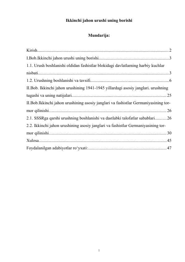 Ikkinchi jahon urushi uning borishi