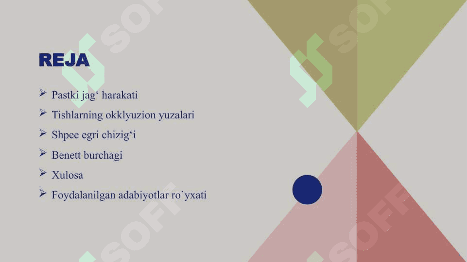 Pastki jag‘ harakati. Tishlarning okklyuzion yuzalari. Shpee egri chizig‘i. Benett burchagi, kesuv va bo‘g‘im yo‘li 2