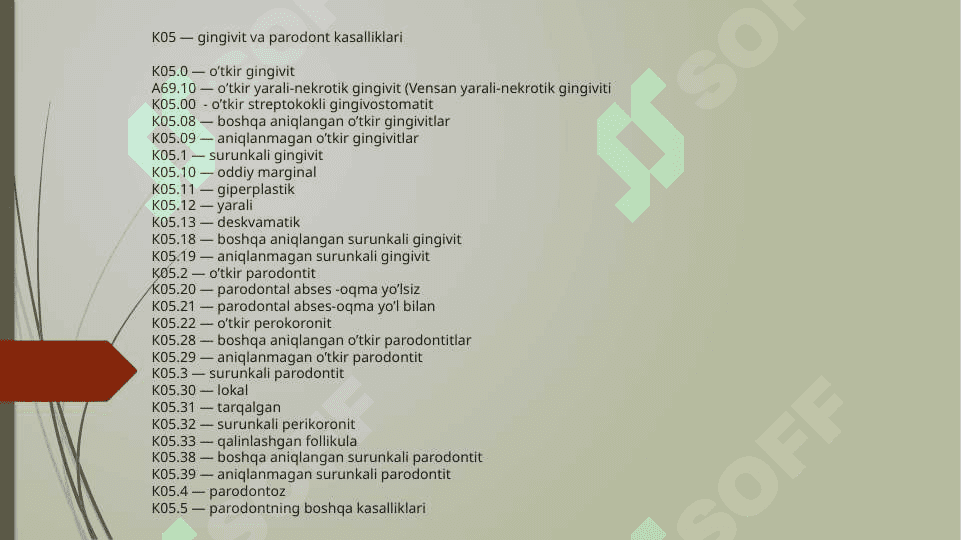 Parodont kasalliklar tasnifi.Bemorlarni tekshirish usullari 7