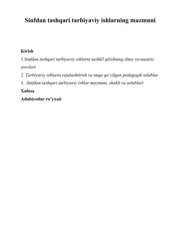 Sinfdan tashqari tarbiyaviy ishlarning mazmuni 1