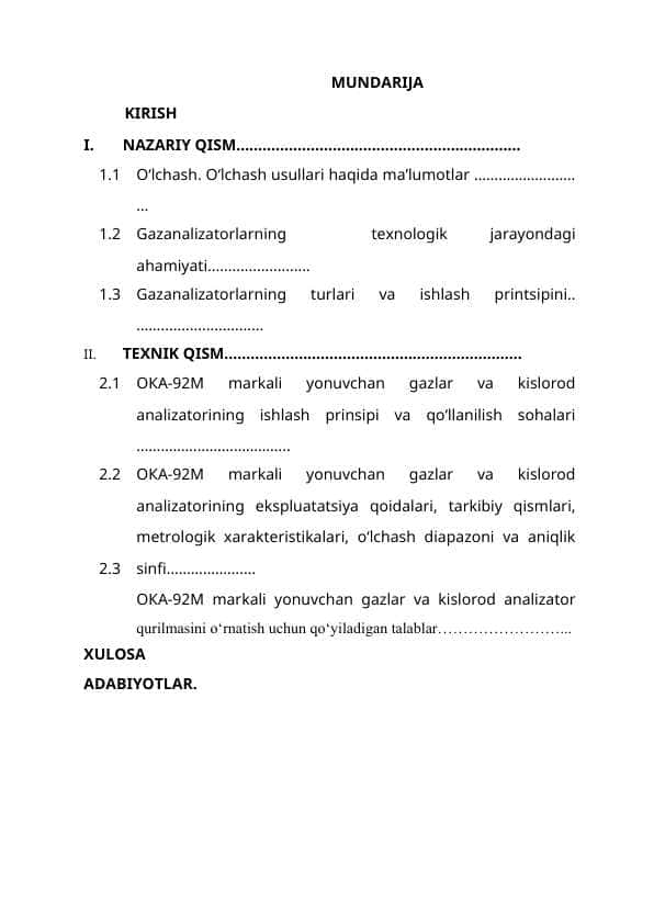 ОКА-92М markali yonuvchan gazlar va kislorod analizatorining o‘lchash