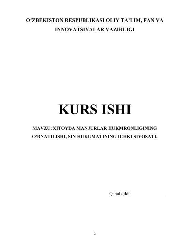 XITOYDA MANJURLAR HUKMRONLIGINING O'RNATILISHI, SIN HUKUMATINING ICHKI SIYOSATI 1