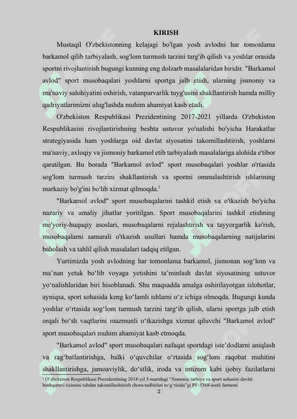 "BARKAMOL AVLOD" SPORT MUSOBAQALARINI TASHKIL ETISH VA O'TKAZISH. 2