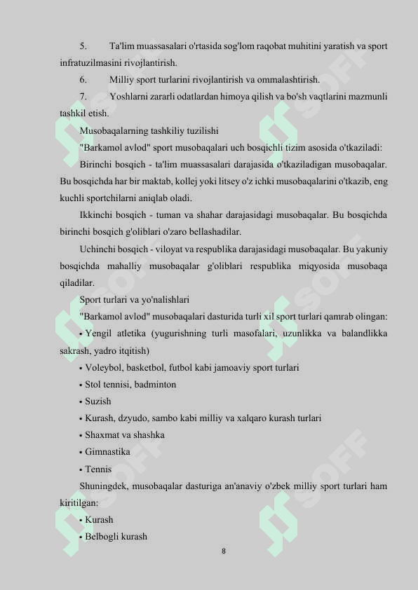 "BARKAMOL AVLOD" SPORT MUSOBAQALARINI TASHKIL ETISH VA O'TKAZISH. 8