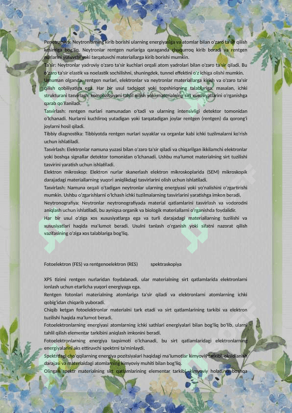 Tunnel efekti va uni tushuntirish . entgenografiya, elektronografiya, neytronografiya usullarini o’zaro taqqoslash . Fotoelektron (FES) va rentgenoelektron (RES) spektroskopiya 4
