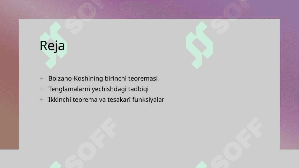 Bolsano-Koshining birinchi teoremasiva uni tenglamalarini yechish tadbiqi. Bolsano-Koshining ikkinchi teoremasiva uning yordamida tesakari funksiyani mavjudligini isbotlash.Funksiyaning chigaralaganligini haqida Veyershtressning birinchi va ikkinchi teoremalari 3