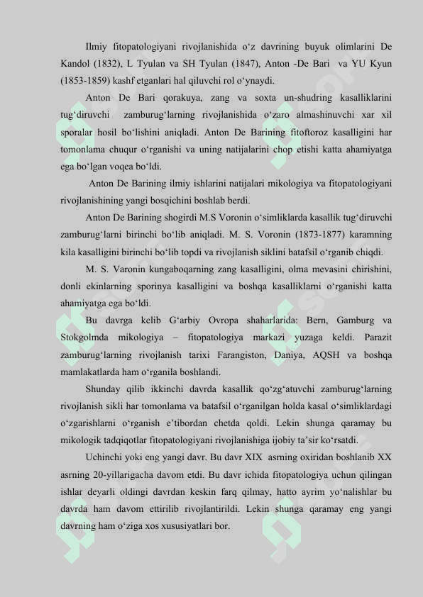 UMUMIY FITOPOTOLOGIYA VA MIKROBIOLOGIYA FANINING RIVOJLANISH TARIXI, MAQSAD VA VAZIFALARI. 8