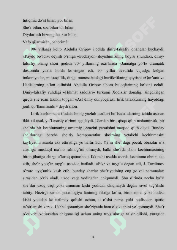 Hozirgi o’zbek she’riyatida ruhiy kechinma va badiiy ifoda 8