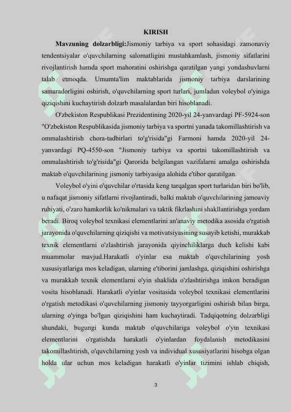 UMUMTA’LIM MAKTAB O‘QUVCHILARIGA HARAKATLI O‘YINLAR VOSITASIDA VOLEYBOL O‘YIN TEXNIKASI ELEMENTLARINI O‘RGATISH METODIKASINI TAKOMILLASHTIRISH. 2