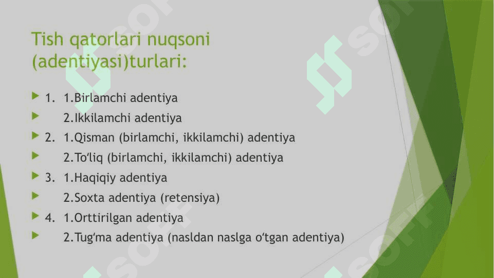 Tish qatorlari qisman nuqsonlarining Grozovskiy,Amiraev va Perzashkevich boʻyicha tasniflari 5