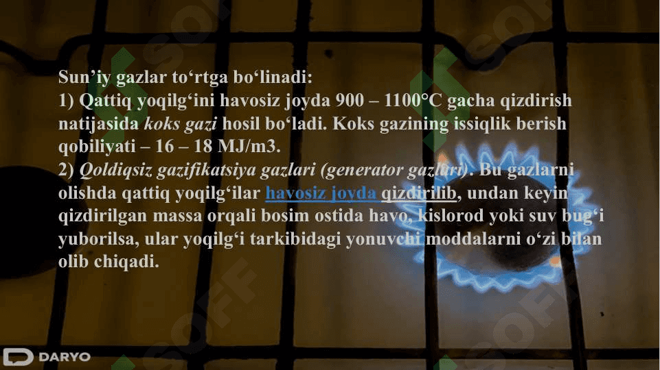 Tabiiy va sun’iy gazlar.        Tabiiy va sun’iy gazlar. Sun’iy gazlarni olish usullari. Koks va generator gazlari. Gazlashtirish 4