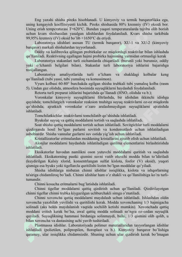 Laboratoriyada ishlash qoidalari. Birinchi yordam ko`rsatish. Kimyoviy idishlar 2