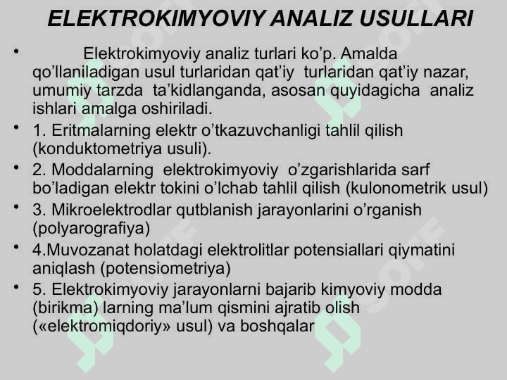 Fizik kimyoviy analiz usullari . Elektrokimyoviy analiz usullari . Физик-кимёвий анализ усуллари 2