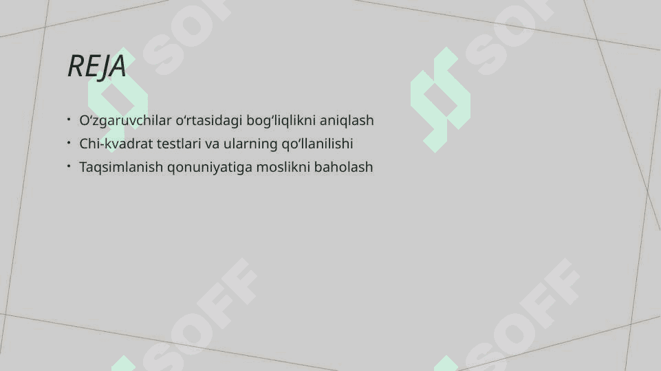 O‘zgaruvchilar orasidagi bog‘liqlikni aniqlash hamda biror bir taqsimlanish qonuniyatiga moslikni aniqlash uchun  x² mezonlari 2