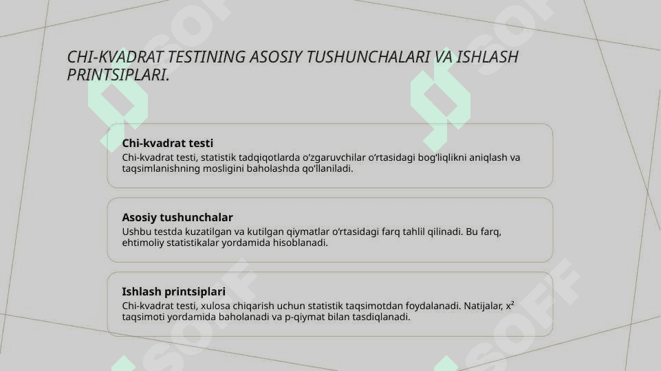 O‘zgaruvchilar orasidagi bog‘liqlikni aniqlash hamda biror bir taqsimlanish qonuniyatiga moslikni aniqlash uchun  x² mezonlari 7