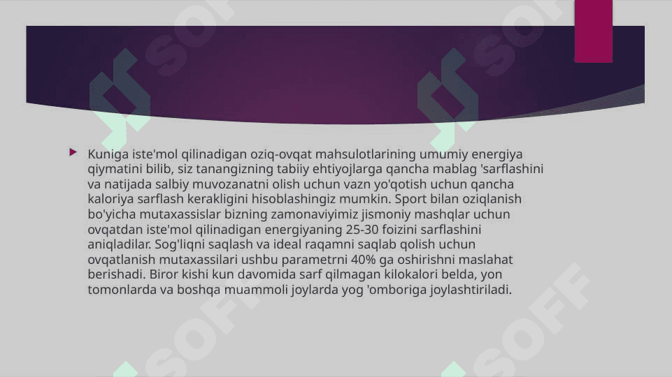 Asosiy ovqat mahsulotlarining kimyoviy tarkibi va energetik boyligi. Vitaminlar va mineral mahsulotlarining asosiy manbalari 4