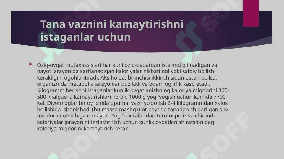 Asosiy ovqat mahsulotlarining kimyoviy tarkibi va energetik boyligi. Vitaminlar va mineral mahsulotlarining asosiy manbalari 5