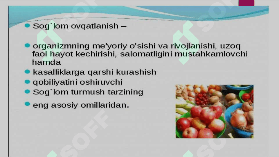 Asosiy ovqat mahsulotlarining kimyoviy tarkibi va energetik boyligi. Vitaminlar va mineral mahsulotlarining asosiy manbalari 6