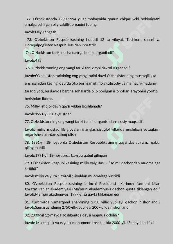 Tarixdan savol javoblar sessiya uchun 8