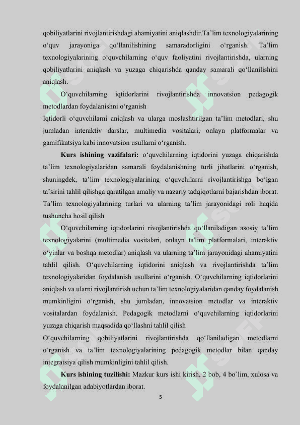 O’quvchilarning iqtidorini yuzaga chiqarishda ta’lim texnologiyalaridan foydalanish. 5