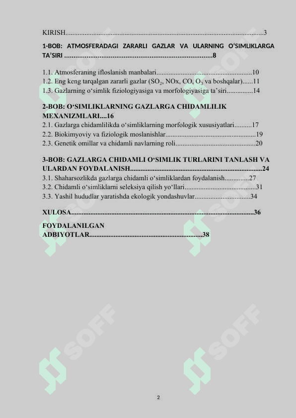Mavzu: “O’simliklarning gazlarga chidamliligi.” KURS ISHI. 2