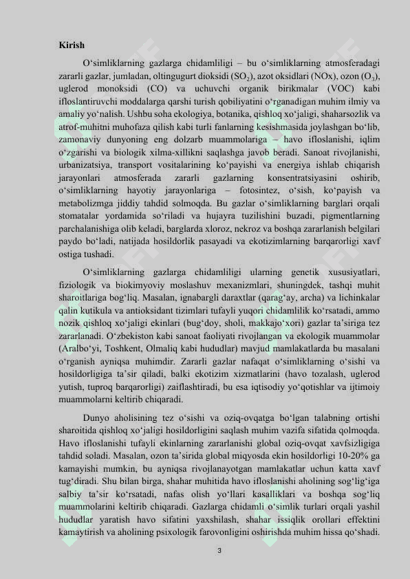Mavzu: “O’simliklarning gazlarga chidamliligi.” KURS ISHI. 3