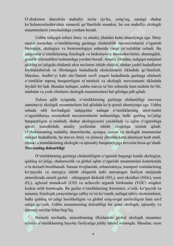 Mavzu: “O’simliklarning gazlarga chidamliligi.” KURS ISHI. 4