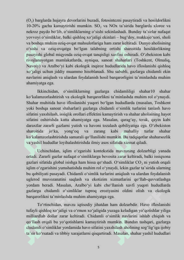 Mavzu: “O’simliklarning gazlarga chidamliligi.” KURS ISHI. 5