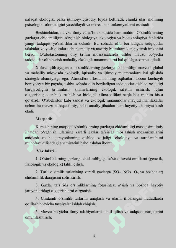 Mavzu: “O’simliklarning gazlarga chidamliligi.” KURS ISHI. 6