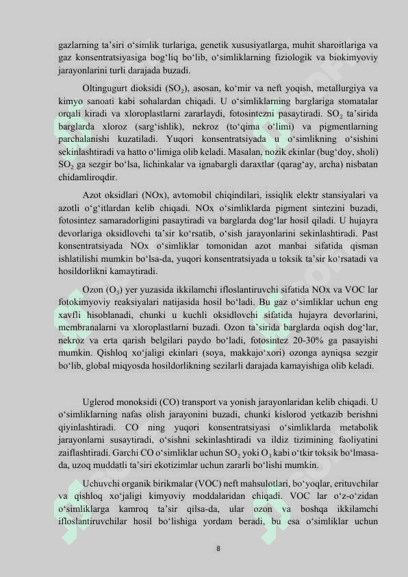 Mavzu: “O’simliklarning gazlarga chidamliligi.” KURS ISHI. 8