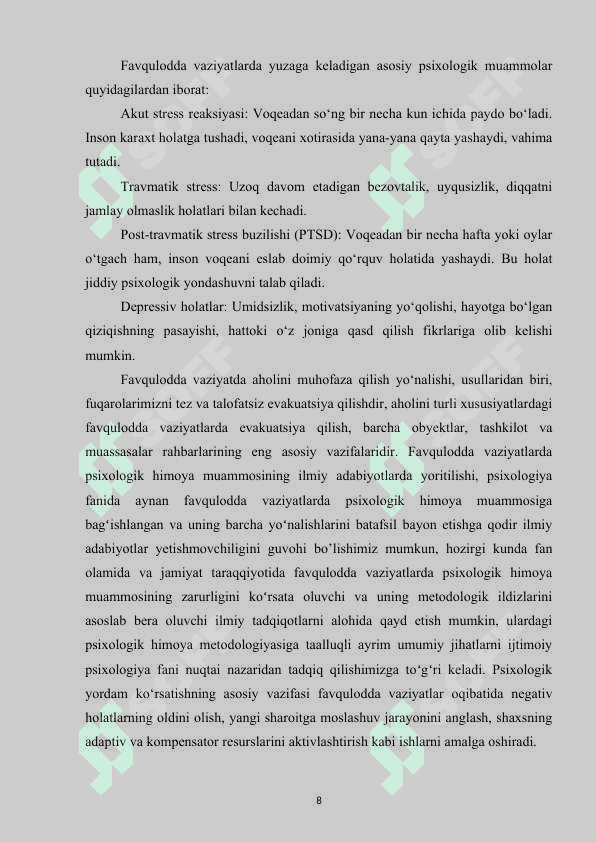 Mavzu: Favqulodda vaziyatlarda sog‘liqni saqlash tizimining psixologik yondashuvlari. KURS ISHI 8