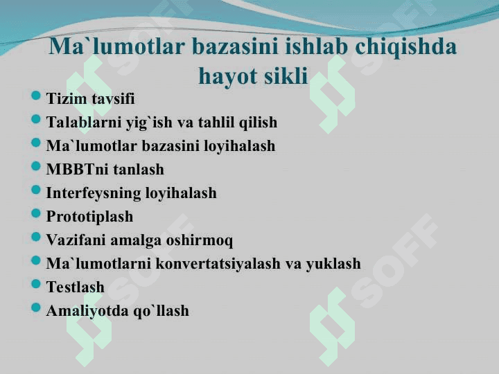 Ma`lumotlar bazasini rejalashtirish, loyihalash, boshqarish (administratorlash). 2