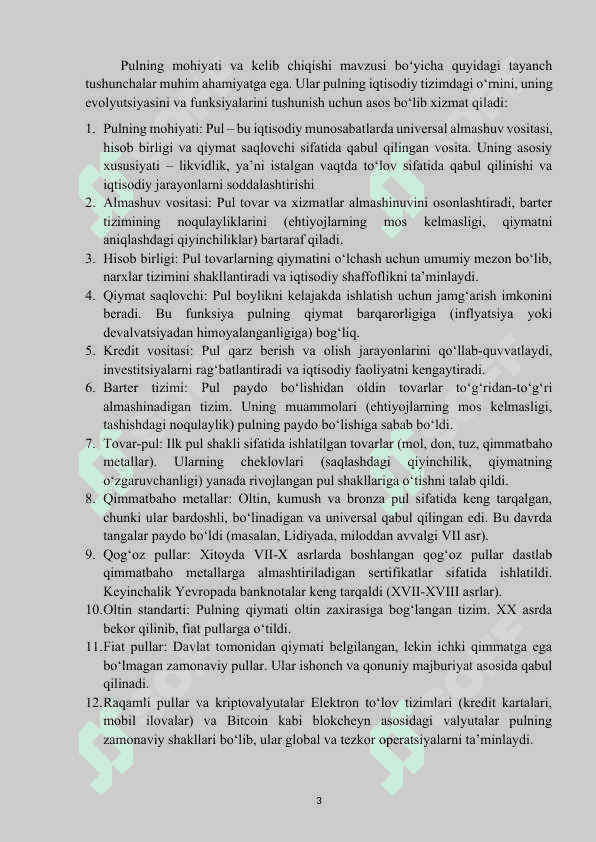 Mavzu: “Pul va uning vazifalari” MUSTAQIL ISH 3