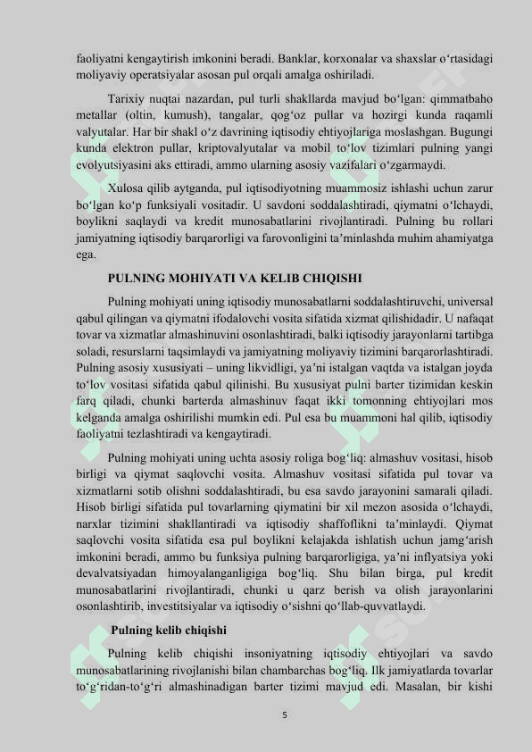 Mavzu: “Pul va uning vazifalari” MUSTAQIL ISH 5