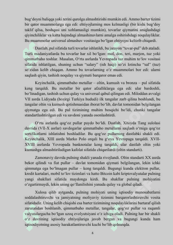 Mavzu: “Pul va uning vazifalari” MUSTAQIL ISH 6