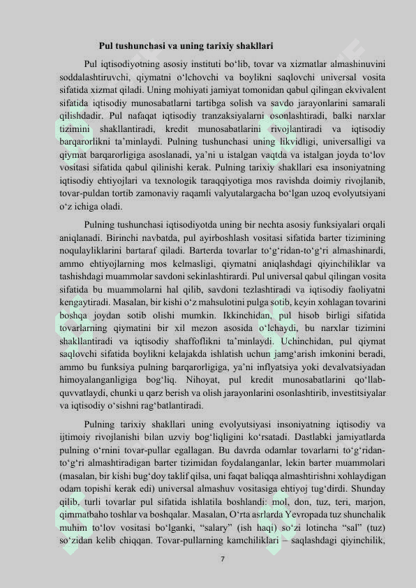 Mavzu: “Pul va uning vazifalari” MUSTAQIL ISH 7