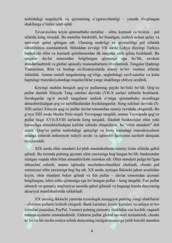 Mavzu: “Pul va uning vazifalari” MUSTAQIL ISH 8
